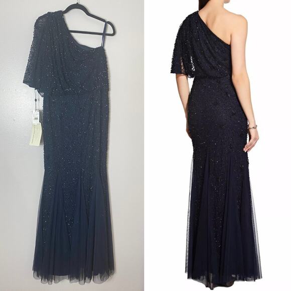 ADRIANNA PAPELL DRESS 16 NAVY BLUE MOTHER OF BRIDE FALL WEDDING GUEST GOWN LONG - Picture 3 of 13